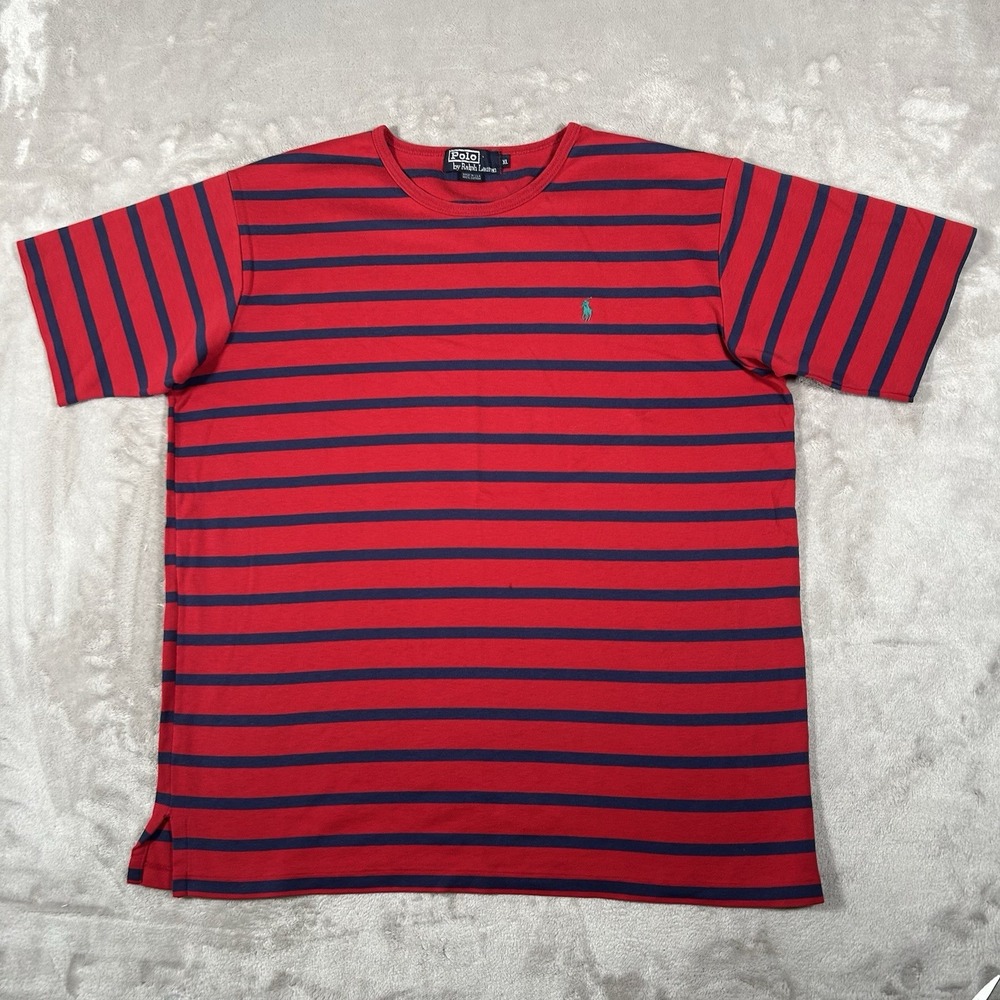 Vtg 90s Polo Ralph Lauren Rugby Tee Shirt Mens XL Red Navy Striped Made In USA